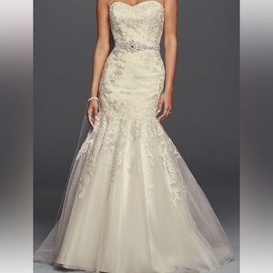David Bridal jewel collection ivory mermaid wedding dress with medium train.